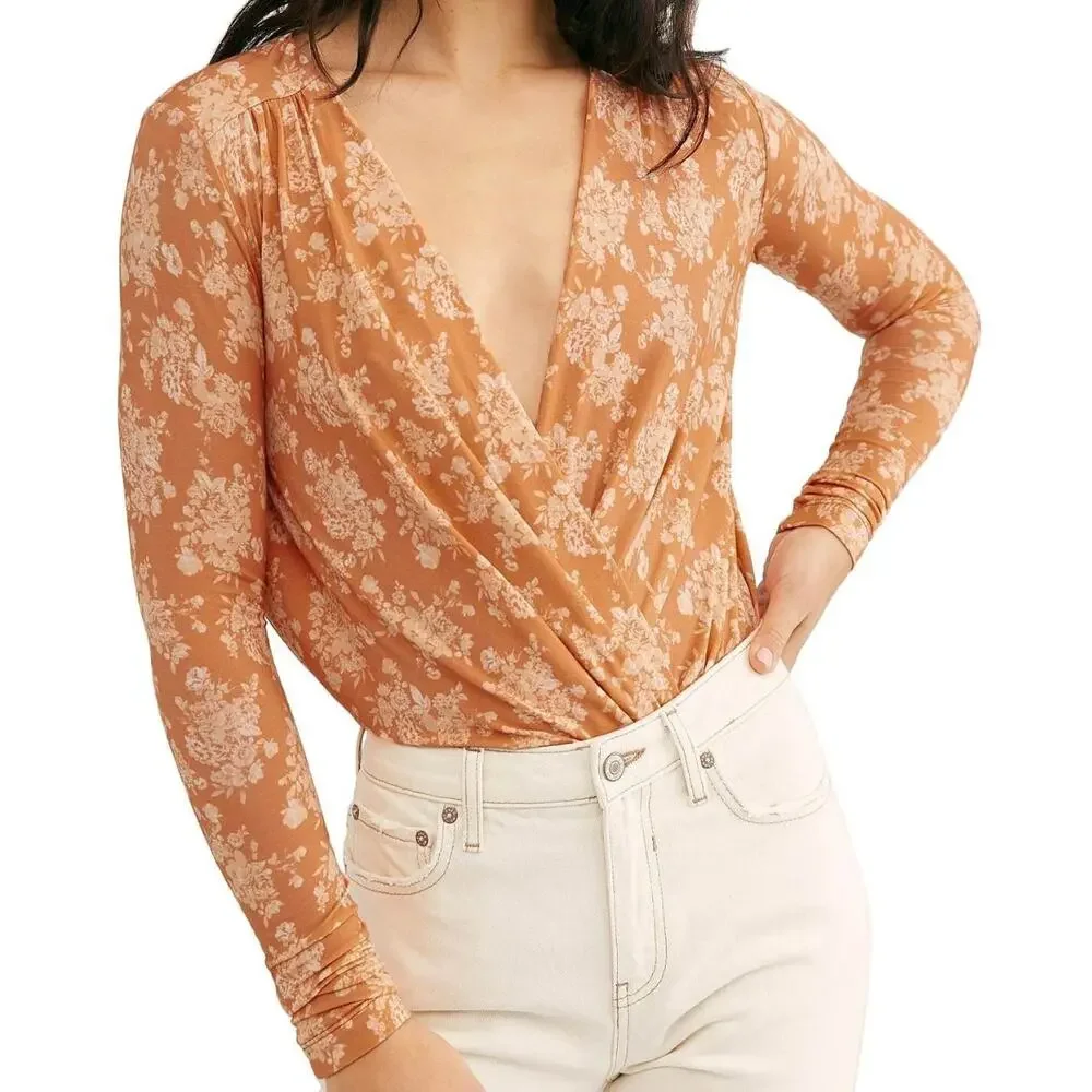 Free People Orange & White Spring Combo Turnt Bodysuit